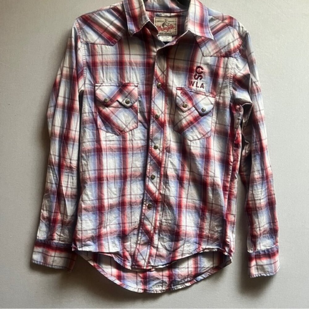 Wrangler White Pink Plaid Pearl Snap Cotton Western Cowboy Shirt Men’s Size S